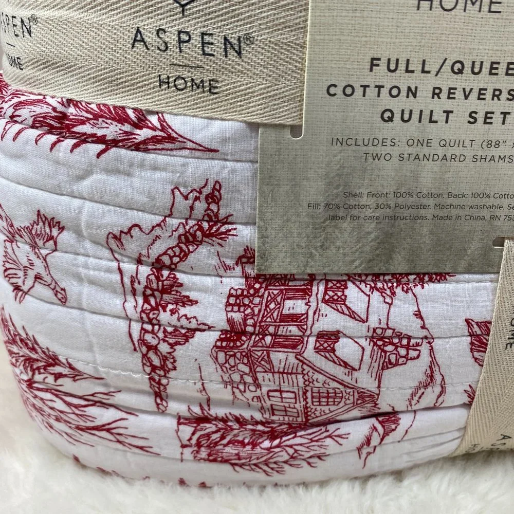 ASPEN Woodland Cabin Holiday Christmas Toile Queen Cotton Quilt & Shams 3pc Set